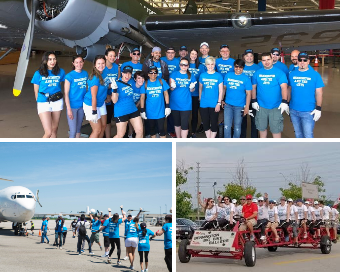 Three pictures: | Top | Bennington and the Jets team members pose with a plane behind them at the John C. Munro Hamilton International Airport prior to pulling a plane in support of McMaster Children’s Hospital. | Bottom, left | The team that just pulled a plane are on the tarmac with one hand on the rope and the other arm up in celebration of their feat. That plane was heavy! | Bottom, right | All aboard! Thirty Bennington team members are packed on to a giant red bike, smiling and waving to the camera. This ride was in support of the Heart and Stroke’s Big Bike Race.